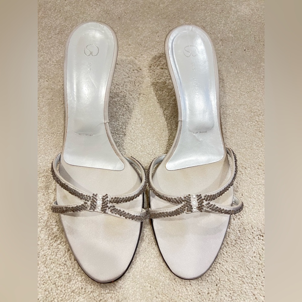 St. John rhinestone Slides w kitten heel. Silver/mirror heel. Size 9B.